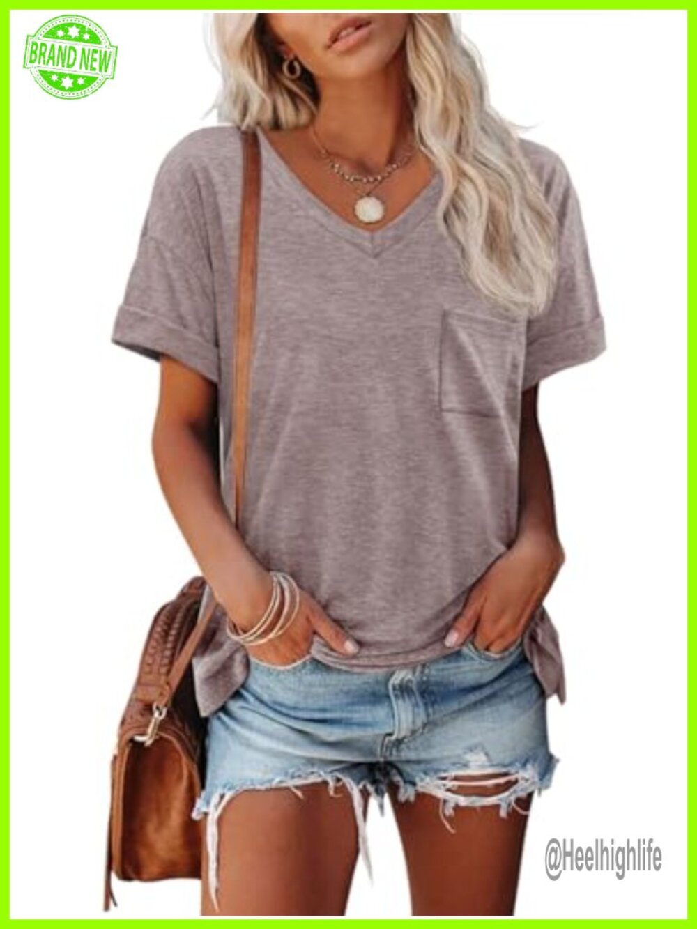 Womens V Neck Roll Sleeve T Shirt Stretch Casual Summer Tee